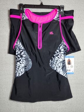 ZeroXPosur Swim Tankini Set Shorts Pink, Black White Leaf Print Womens L
